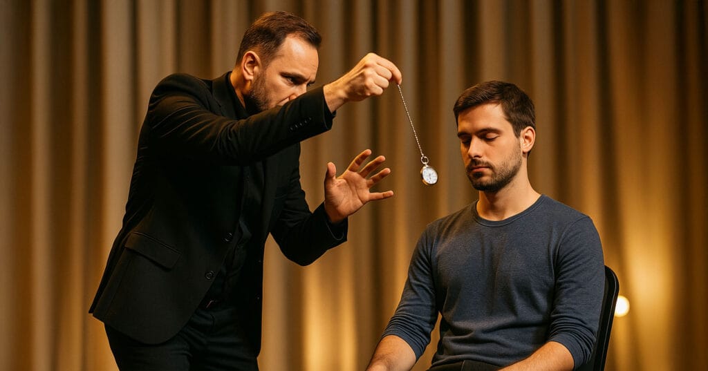 Un hypnotiseur en costume noir hypnotise un volontaire sur scène avec une montre à gousset.