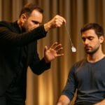 Un hypnotiseur en costume noir hypnotise un volontaire sur scène avec une montre à gousset.