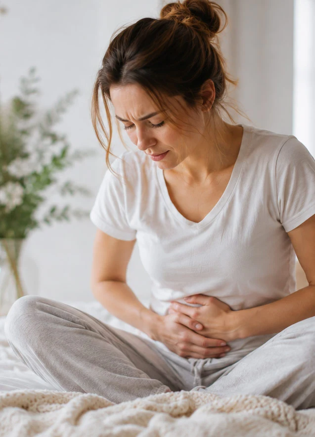 Femme souffrant de douleurs abdominales liées aux cycles et aux douleurs féminines