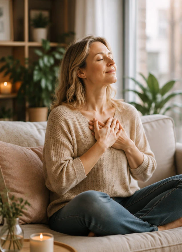 Femme pratiquant un exercice de respiration pour retrouver calme et équilibre émotionnel